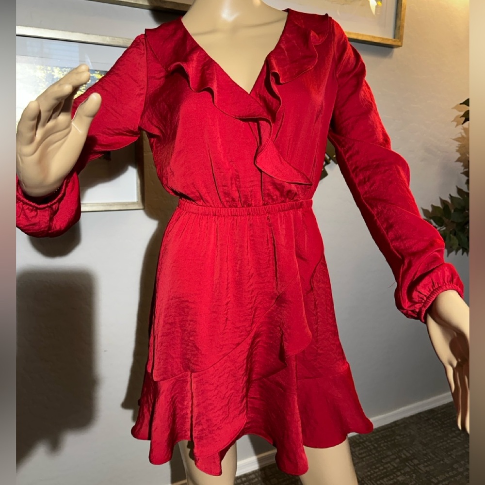 Express Red Ruffled Wrap Dress with Tie Front